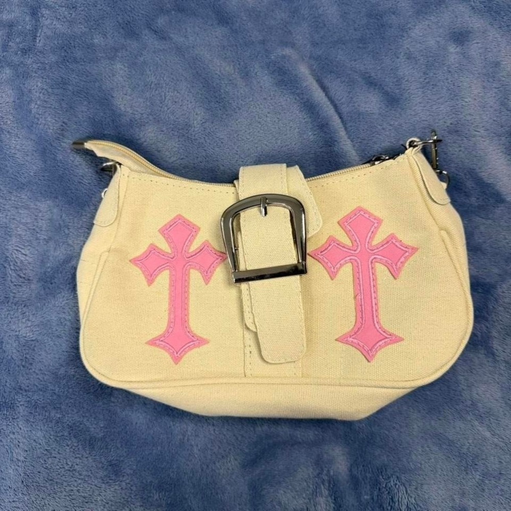 Cream‎ and pink cross handbag with adjustable strap
